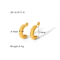 Macro shot of 18K gold C-shaped earrings with unique horizontal grooved texture and 24mm height - Gold Horizontal Threaded Style (HF-E3473-G)