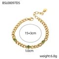 Detail of 18K gold plated Cuban link bracelet with green birthstones and size markers - Green Gemstone Style (BSL00097D5)