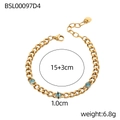 Detail view of gold Cuban chain bracelet with three blue crystals and specifications - Light Blue Gemstone Style (BSL00097D4)