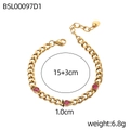 Detail of 18K gold plated Cuban chain bracelet with pink gemstones and size measurements - Pink Gemstone Style (BSL00097D1)