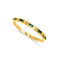 Gold oval cuff bracelet with five emerald green zircon stones on a white background - Green Gemstone Rhinestone Style (CZ38158BW0)