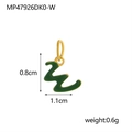 Macro detail of 18K gold-plated letter W charm with green enamel measuring 1.1cm by 0.8cm - Letter W