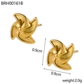 Detailed macro view of 18K gold plated windmill stud earrings with size and weight info - 3D Windmill Style (BRH00161B)
