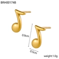 Macro view of 18K gold plated stainless steel musical note stud earrings with dimensions - Single Music Note Style (BRH00174B)