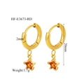 18K gold plated hoop earrings with orange star crystal charm and dimensions - Red Glass Star Style (HF-E3673-RD)
