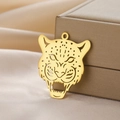 Detailed close-up of a hollowed-out golden leopard head stainless steel pendant for jewelry - Gold