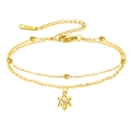 Bracelet de cheville double rang en acier doré avec étoile de l'hexagramme et breloque Chai - Or