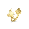 18K gold plated stainless steel open ring featuring hollow bee and flower design - Bee Style / Gold