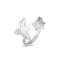 Adjustable stainless steel open ring featuring a silver bee and flower petal design - Bee Style / Silver