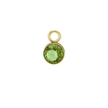 Detail of round green birthstone pendant with gold plated bezel setting and top loop - August / Gold