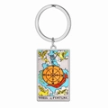 Detail van de roestvrijstalen rechthoekige sleutelhanger met Wheel of Fortune tarotkaart - Staalkleur - Rad Van Het Lot