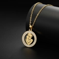 Golden stainless steel mother and child pendant necklace with sparkling crystal ring - Gold - Mom Holding Baby