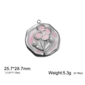 Pink enamel flower pendant in silver stainless steel finish with 25.7mm diameter - Pearl Flower Branch / Steel Color - Pearl Flower Branch