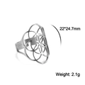 Detail van de roestvrijstalen levensbloem ring met afmetingen van 22x24,7 mm - Verstelbaar Open / Stijl 1 Zilver