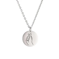 Macro detail of silver round pendant necklace with minimalist finger heart engraving - Steel Color-Finger Heart