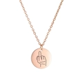 Detailed macro of rose gold circular pendant with gesture engraving on fine chain - Rose Gold-Middle Finger
