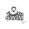 Close-up of heart-shaped antique silver swim charm with dimensions 15x12mm and 0.98g weight - I Love Swimming (Style 2)