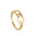 Detailed view of golden metal ring featuring hollow bone shape and cute paw print design - Gold / US 7
