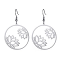 Detailed view of silver stainless steel lotus pendant earrings with hollow round frames - Steel Round Lotus