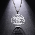Silver Sri Yantra geometric pendant necklace with chunky stainless steel chain over black - Steel