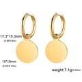 Polished gold stainless steel hoop earrings with round disc charms on white background - Gold - Solid Round Disc