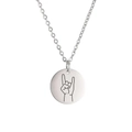 Silver stainless steel necklace with round pendant featuring a rock hand gesture icon - Steel Color-Rock On Gesture