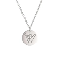 Polished stainless steel necklace with round Shaka sign pendant in silver finish - Steel Color-Shaka Gesture