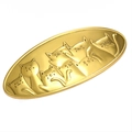 Golden oval metal jewelry tray featuring embossed cartoon cat patterns and glossy finish - Antique Gold