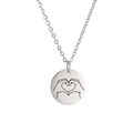Silver stainless steel necklace featuring round pendant with heart gesture line art - Steel Color-Hand Heart