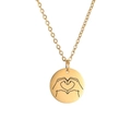 Gold stainless steel necklace with round pendant featuring a hand heart laser engraving - Gold-Heart Hands