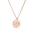 Rose gold stainless steel necklace with engraved round pendant featuring a hand sign - Rose Gold-Baby Palm