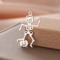 Macro detail of dancing skeleton and pumpkin pendant in polished stainless steel - Style 6-Steel Color