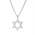 Detailweergave van zilveren hexagram hanger aan een fijne O-schakelketting, gepolijst - Hexagram ketting - Staalkleur