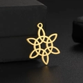 Macro detail of a golden stainless steel Celtic knot pendant with hollow geometric design - Gold