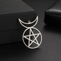 Macro detail of silver stainless steel crescent moon and pentagram star charm pendant - Steel