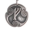 Macro view of vintage silver rune pendant with Celtic spiral patterns and relief details - Algiz Rune (Style 1)