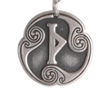 Macro shot of silver Rune pendant with Celtic spiral patterns and vintage oxidized finish - Runes (Style 3)