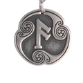 Macro shot of vintage silver Viking rune pendant with Fehu symbol and swirl relief - Fehu Rune (Style 4)