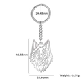 Stainless steel wolf head keychain with hollow geometric design and size measurements - Silver