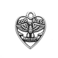 Pendentif cœur argent antique avec relief d'aigle et gravure God Bless America - Dieu bénisse l'Amérique (Style 22)