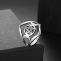 Macro detail of stainless steel ring featuring cutout pentagram and crescent moon design - US 7 / Steel