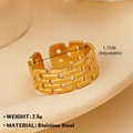 Adjustable golden stainless steel open ring featuring a braided hollow geometric texture - Gold Brick Woven Style (ZN811-245)