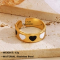Adjustable golden stainless steel open ring with black and white enamel hearts - Heart Ring 2