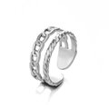 Silver stainless steel open ring featuring layered Cuban chain and twisted rope textures - Steel Double Layer Rope Style (ZN811-232)