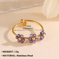 Bague réglable en acier inoxydable avec trois fleurs violettes et perles dorées - Style Strass Mauve / Violet