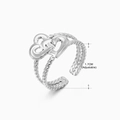 Bague double cœur argentée réglable avec anneau torsadé et diamètre de 1,7 cm environ - Style Corde à Trois Cœurs Chevauchants (042) / Acier