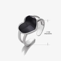 Bague ajustable en acier inoxydable argenté avec un cœur noir incrusté, taille 1,7 cm - Style Fin Double Cœur Émail Noir (333) / Acier