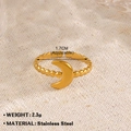 Anillo ajustable de acero inoxidable dorado con luna y diseño de banda de cuentas - Diseño Abierto de Luna con Cuenta Redonda (Estilo-255)