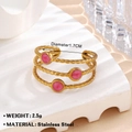 Three-layer golden stainless steel open ring featuring three pink round enamel accents - Red