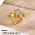 Adjustable golden stainless steel open ring featuring a unique hollow heart hand design - Hollow Heart Embrace (031)